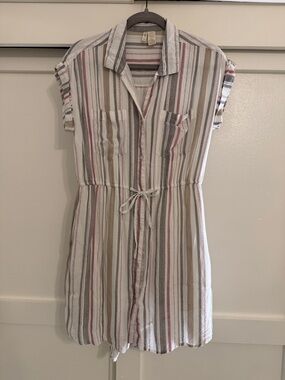 Japna Striped High-Low Shirt Dress in White, Tan & Pink